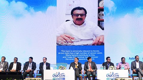 Health Minister K Muraleedharan virtually inaugurating the Aster Quality Care Cancer Conclave (AQCCON) 2026, organised by the Aster International Institute of Oncology in Kochi.