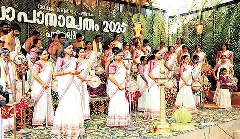 The women from Sopanam School of Panchavadyam performing at an event.