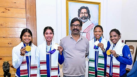 Jharkhand Chief Minister Hemant Soren meets Indian Women's Hockey teams Salima Tete, Nikki Pradhan, Beauty Dungdung, and Deepika Soreng after the players won gold medal in the Asian Games 2026, in Ranchi, Sunday, Oct. 4, 2026. 
