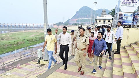 NTR Collector G Lakshmisha, CP Rajasekhara Babu, VMC chief Dhyanachandra and Durga temple EO Seena Naik inspecting the Krishna river ghats.