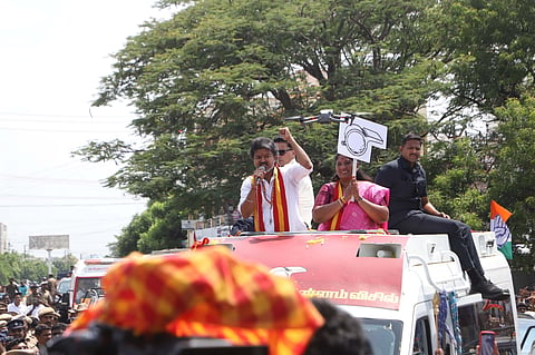 Chief Minister C Joseph Vijay campaigning for TVK candidate Sathyabama in Dharapuram on Sunday.