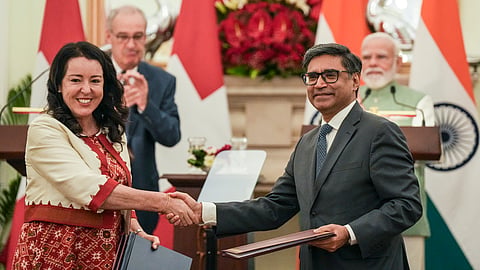  Prime Minister Narendra Modi and President of the Swiss Confederation Guy Parmelin, witness the exchange of MoUs during a joint press statement, at Hyderabad House in New Delhi, Monday, Oct. 5, 2026. Foreign Secretary Vikram Misri and Ambassador of Switzerland to India Maya Tissafi are also seen. 