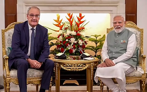  Prime Minister Narendra Modi with Swiss Confederations President Guy Parmelin during a bilateral meeting, in New Delhi.