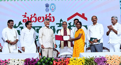 Chief Minister N Chandrababu Naidu and Union Minister SS Chouhan participate in the foundation stone-laying ceremony for the construction of three lakh houses across AP under PMAY-Gramin 2.0 at Burripalem in Tenali constituency on Sunday.