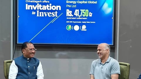 Chief Minister Vishnu Deo Sai (left), who led the high-level state delegation to the forum, formally handed over an "Invitation to Invest" to executives of Singapore-headquartered Energy Capital Global Pte Ltd for the development of the data facility.