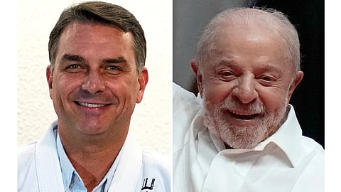 This combination of photos shows Flavio Bolsonaro, left, in Sao Paulo, on Sept. 29, 2026 and Luiz Inacio Lula da Silva in Rio de Janeiro, on Sept. 23, 2026.