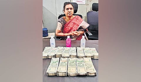 ACB City Range-I officials caught Sunitha while accepting the Rs 4 lakh part payment and recovered the tainted cash from her possession. They also found Rs 2.5 lakh in unaccounted cash, which was seized.