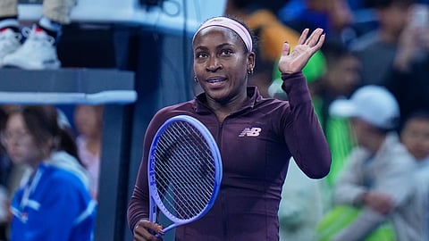Coco Gauff of the United States, celebrates after defeating Xinran Sun of China, during the third round of the women's singles match at the China Open tennis tournament in Beijing, Monday, Oct. 5, 2026.