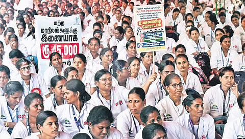 Nurses staging a hunger strike in Egmore on Monday  