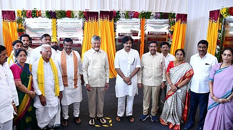 CM N Chandrababu Naidu and Deputy CM Pawan Kalyan unveil the Jal Jeevan Mission 2.0-Amarajeevi Jaladhara pylon in Proddatur of Kadapa district.