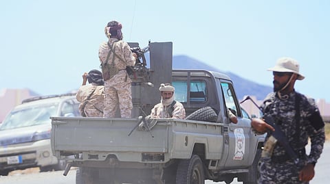 Yemeni military reinforcements travel along the coastal road between Aden and Mokha, Yemen, Monday, Oct. 5, 2026.