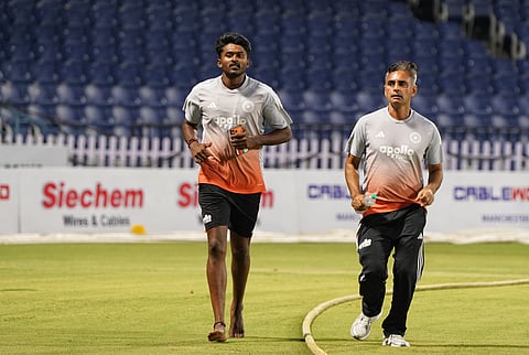 B Sai Sudharsan during a training session on Monday
