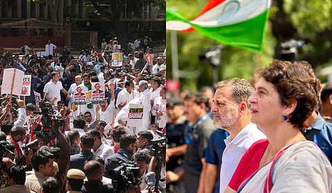 Leaders from the INDIA bloc during a protest march from Parliament toward the Election Commission of India (ECI) office, , in New Delhi, Tuesday, Oct. 6, 2026.