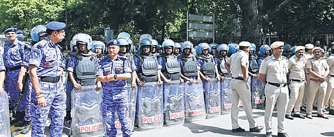 Security was tightened near Nirvachan Sadan as INDIA Bloc MPs marched from Makar Dwar towards the Election Commission of India office
