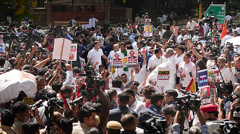 INDIA bloc leaders during their protest march towards the Election Commission of India (ECI) office, demanding the resignation of Chief Election Commissioner Gyanesh Kumar, in New Delhi, Tuesday, Oct. 6, 2026.
