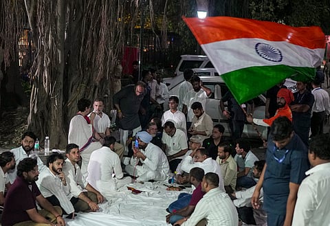 Leader of Opposition in the Lok Sabha Rahul Gandhi with Congress leaders Priyanka Gandhi Vadra, Pawan Khera, Amrinder Singh Raja Warring, and others, after being stopped by security personnel during a protest march from the Parliament towards the Election Commission of India (ECI) office, demanding the resignation of Chief Election Commissioner (CEC) Gyanesh Kumar, in New Delhi, Tuesday, Oct. 6, 2026.