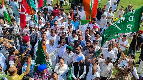 INDIA bloc members and supporters stage a protest against Chief Election Commissioner Gyanesh Kumar, in Jammu on Wednesday.