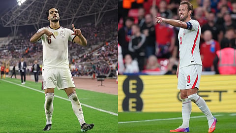 Spain's Mikel Merino (L) & England captain Harry Kane.