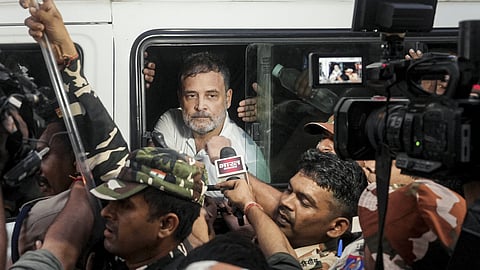 Lok Sabha LoP Rahul Gandhi, Congress MP Priyanka Gandhi, and other INDIA bloc MPs detained by Delhi police en route to Jantar Mantar to protest demanding the removal of CEC Gyanesh Kumar, Wednesday, Oct. 07, 2025.