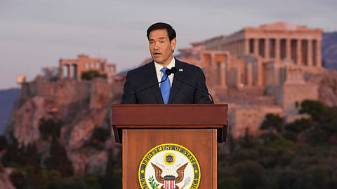 US Secretary of State Marco Rubio speaks at the Pnyx hill, where ancient Athenians held democratic assemblies, with the ancient Parthenon temple atop the Acropolis in the background, in Athens, Wednesday, Oct. 7, 2026.