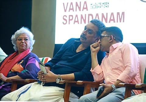 Forest Minister Shibu Baby John converses with lawyer Harish Vasudevan as retired IFS officer Prakriti Srivastava looks on during the Vana Spandanam Wildlife Week Celebrations in Thiruvananthapuram on Tuesday.