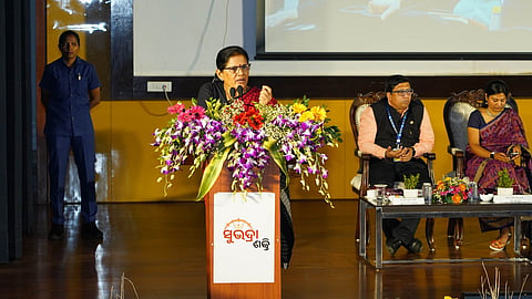Deputy CM Pravati Parida addressing the function held for release of funds for SHGs on Tuesday.