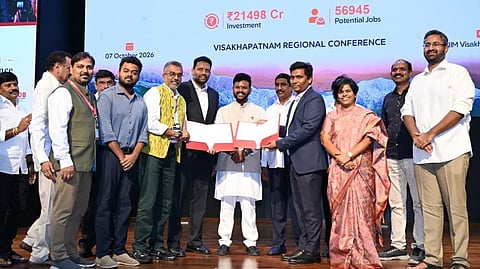 Union Civil Aviation Minister Kinjarapu Rammohan Naidu at the exchange of MoUs between various company representatives and the Andhra Pradesh Government during the CII Regional Summit at IIM Visakhapatnam on Wednesday.