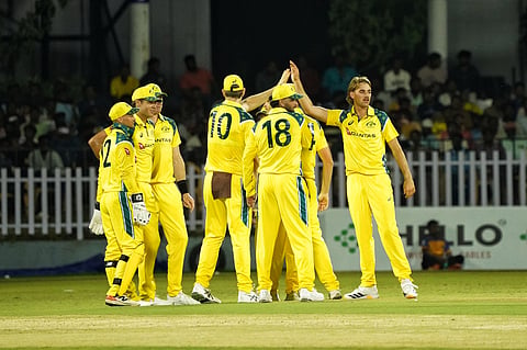 Australia A pacer Mahli Beardman (R) celebrates a wicket