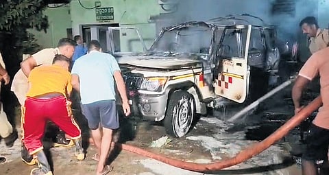 The ambulance fire being doused at Udala sub-divisional hospital | Express