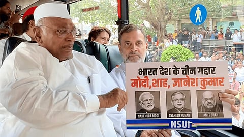 INDIA bloc leaders hold a peaceful protest at Mahatma Gandhi's memorial in Rajghat to highlight what it alleged was the "hijacking" of the country by Prime Minister Narendra Modi, Home Minister Amit Shah and the Chief Election Commissioner through a criminal conspiracy by indulging in vote chori, in New Delhi, Thursday, Oct. 8, 2026.