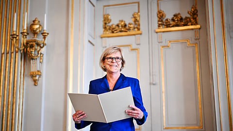 Permanent Secretary of the Swedish Academy Ingrid Carlberg announces Canadian writer Anne Carson as the winner of the 2026 Nobel Prize in Literature in Stockholm, Sweden, Thursday, Oct. 8, 2026. 