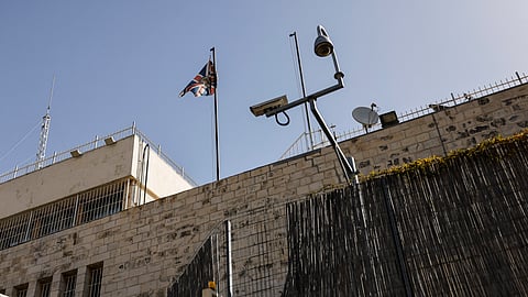 The British diplomatic flag flutters outside the British consulate in Jerusalem on October 8, 2026.