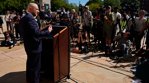 Luke Ihnen, attorney for Christa Pike, speaks during a news conference after a judge ruled the Tennessee Department of Corrections must preserve all evidence related to the failed execution of Pike, Wednesday, Oct. 7, 2026, in Nashville, Tenn. 