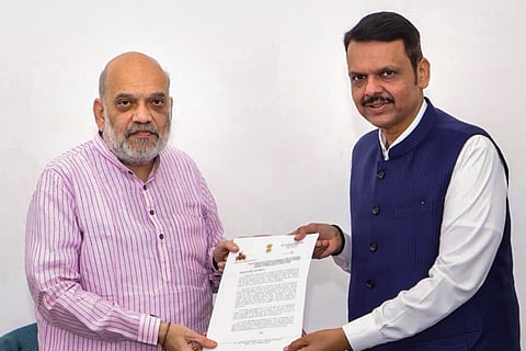 Union Home Minister Amit Shah during a meeting with Maharashtra CM Devendra Fadnavis, in New Delhi.