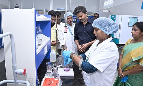 Chief Minister C Joseph Vijay at Aavin’s state central laboratory at the dairy complex in Madhavaram  