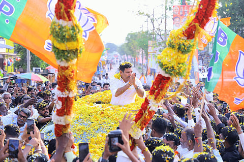 Karnataka BJP president BY Vijayendra takes out a rally in Gajendragad on Wednesday  