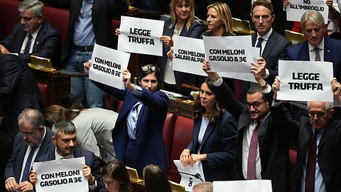 Democratic Party leader Elly Schlein protests during the Chamber of Deputies meeting ahead of the final vote on the electoral law bill in Rome, Thursday, Oct. 8, 2026.