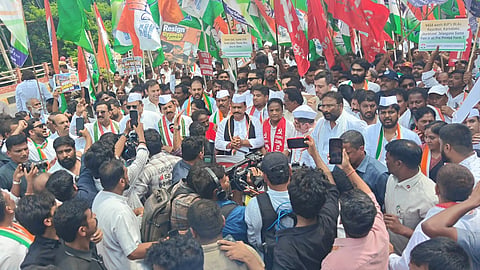 The rally began from Indira Gandhi statue at Necklace Road and witnessed the participation of TPCC president and MLC Mahesh Kumar Goud, along with Ministers Ponnam Prabhakar, Ponguleti Srinivasa Reddy, Komatireddy Venkat Reddy, Jupally Krishna Rao, Vivek Venkata Swamy, Mohammed Azharuddin and Vakati Srihari.