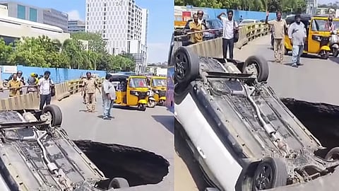 The portion of the road near the median gave way as the white compact SUV was passing, trapping one of its front tyres in the sinkhole. The vehicle then overturned and landed inside the crater.