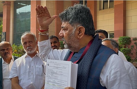 Chief Minister D K Shivakumar briefing the media in Delhi on Thursday.