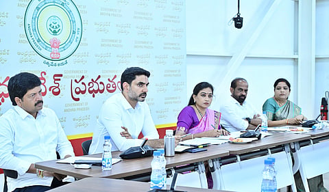 Minister for HRD and IT Nara Lokesh speaks at a meeting of the Group of Ministers on Drug Abuse at his Undavalli residence on Wednesday.