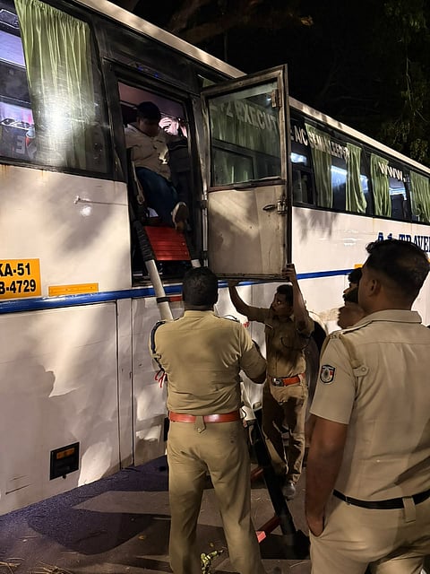The Fire and Rescue team set up ladders and safely evacuated the passengers through the emergency exit of the bus that was met with an accident on the highway in front of the Mogral Puthur Grama Panchayat office in Kasaragod 