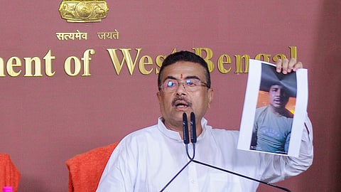 West Bengal Chief Minister Suvendu Adhikari addresses a press conference regarding the results of the by-elections in Rejinagar and Nandigram Assembly constituencies at Nabanna, Friday, Oct. 9, 2026.