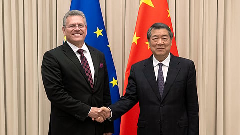 Chinese Vice Premier He Lifeng, right, shakes hands with European Commissioner for Trade and Economic Security Maros Sefcovic prior to their meeting in Beijing, Friday, Oct. 9, 2026. 