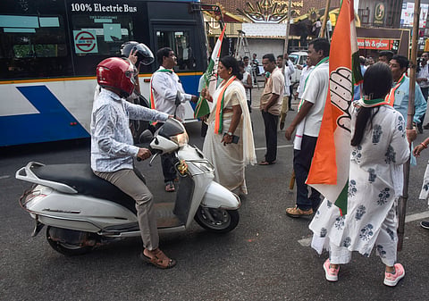 Odisha Pradesh Congress Committee (OPCC) workers stage a 12-hour statewide shutdown, ‘Odisha Bandh’, against the implementation of the MMDR Amendment (Mines and Minerals Development and Regulation) Act, 2026, including action against Chief Election Commissioner Gyanesh Kumar over alleged irregularities in voter rolls and various other issues, in Bhubaneswar on Thursday.