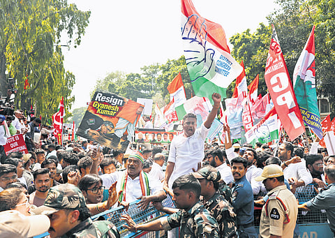Members of INDIA bloc parties take part in the Chalo Lok Bhavan protest in Hyderabad on Thursday 