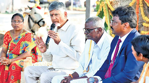 CM Chandrababu Naidu interacts with farmers of Kondepi on Friday.