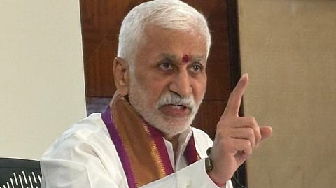 Former MP Vijaya Sai Reddy addressing the media on Thursday in Tirupati. 