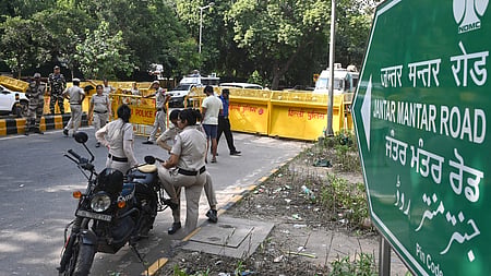Police personnel deployed near Jantar Mantar in view of a call for protest by the Cockroach Janta Party on Saturday in New Delhi 