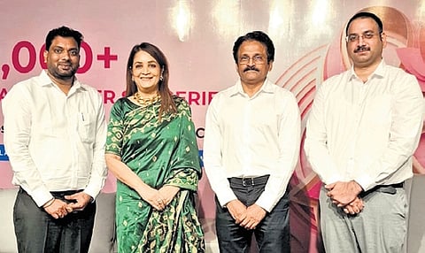 HCG Vijayawada celebrates 12,000+ breast cancer surgeries milestone. Dr. Rupali Basu, Dr. Gopi Chand and team at the event in Vijayawada on Friday.